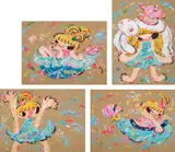 Ayako Rokkaku, Hayaumare March, 2017, The complete set of four screenprints in colors, on cardboard, the full sheets, all contained in the original light blue paper-covered portfolio