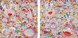There's bound to be difficult times There's bound to be sad times but we won't lose heart; we'd rather not cry, so laugh, we will!; and Fortune Favors the Merry Home, Kaikai and Kiki by Takashi Murakami, 2017, Two offset lithographs in colors, on smooth wove paper, the full sheets, sold Oct 2019