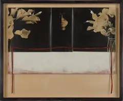 Luis González Palma, La Dolorosa, 1991, Three gelatin silver prints with applied paint and satin ribbon, mounted to hand painted wooden board