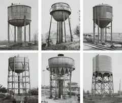 Bernd and Hilla Becher, Water Towers, 1968-1984, Six gelatin silver prints, mounted to board, printed and assembled no later than 1997