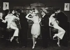 Richard Avedon, Audrey Hepburn and Art Buchwald with Simone, Barbara Mullen, Frederick Eberstadt, and Dr. Reginald Kernan, Evening dresses by Balmain, Dior, Patou, Maxim's, Paris, August, 1959, Gelatin silver print, printed 1997