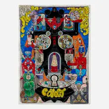 Comet C-Bop Yoni by Howard Johnson, 2000, g-string, ink, Prismacolor, Band-aids and mixed media on Mylar architectural plans, sold Aug 2026