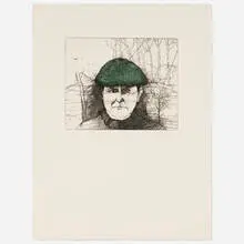 Jim Dine, Self-Portrait in a Flat Cap (the green cap), 1974, etching in colors on Arches
