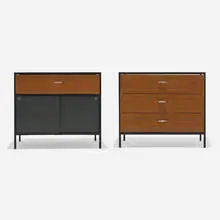Steelframe cabinets, models 4012 and 4032 by George Nelson & Associates, walnut, enameled steel, lacquered wood, laminate, chrome-plated metal, sold Aug 2026