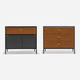 George Nelson & Associates, Steelframe cabinets, models 4012 and 4032, walnut, enameled steel, lacquered wood, laminate, chrome-plated metal