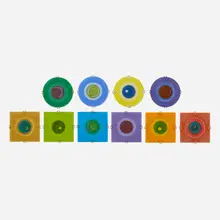 Frances and Michael Higgins, Rondelays, set of ten, c. 1960, fused glass, brass