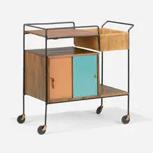Arthur Umanoff, Bar cart, c. 1965, teak, painted iron, lacquered Masonite, paper cord