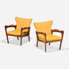 Adrian Pearsall, Lounge chairs model 2291-C, pair, c. 1965, upholstery, walnut
