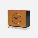 George Nelson & Associates, Table clock, model 4761, 1949, birch, lacquered wood, enameled aluminum, enameled steel
