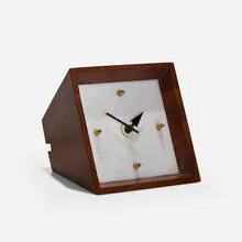 Rare table clock, model A30A by George Nelson & Associates, c. 1960, walnut, acrylic, brass, enameled aluminum, sold Aug 2026