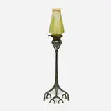 Tiffany Studios, Candlestick, model 1200, c. 1915, patinated bronze, hand-blown Favrile glass