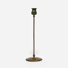 Tiffany Studios, Candlestick, c. 1902, patinated bronze, hand-blown glass