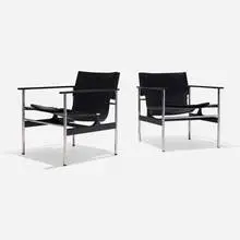 Charles Pollock, Sling chairs model 657, pair, 1964, chrome-plated steel, enameled aluminum, leather