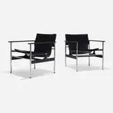 Charles Pollock, Sling chairs model 657, pair, 1964, chrome-plated steel, enameled aluminum, leather