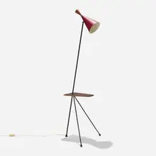 Floor lamp with integrated table by Svend Aage Holm-Sørensen, c. 1955, enameled steel, walnut, lacquered aluminum, brass, rubber, sold Aug 2026
