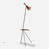 Svend Aage Holm-Sørensen, Floor lamp with integrated table, c. 1955, enameled steel, walnut, lacquered aluminum, brass, rubber