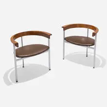 PK11 chair, pair by Poul Kjærholm, lacquered steel, laminated ash, leather, sold Aug 2026
