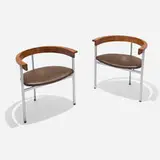 Poul Kjærholm, PK11 chair, pair, lacquered steel, laminated ash, leather