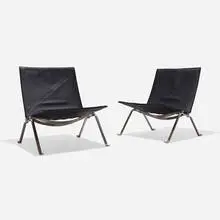 PK 22 lounge chairs, pair by Poul Kjærholm, 1956 / 2000, leather, matte chrome-plated steel, sold Aug 2026