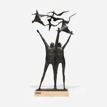 Untitled (sculpture) by Hugo Daini, patinated bronze, travertine, sold Aug 2026
