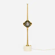 Angelo Lelii, Cobra table lamp, model 12919, c. 1962, brass, enameled steel, patinated steel