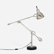 Articulated table lamp by Édouard-Wilfred Buquet, chrome-plated metal, wood, sold Aug 2026