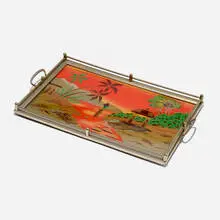 Art Déco, Handled tray, c. 1925, enameled metal, reverse painted glass