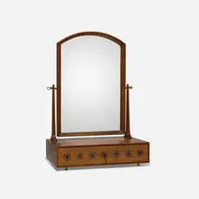 Kipp Stewart, Directional tabletop vanity, c. 1965, walnut, mirrored glass, marquetry, brass