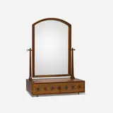 Kipp Stewart, Directional tabletop vanity, c. 1965, walnut, mirrored glass, marquetry, brass