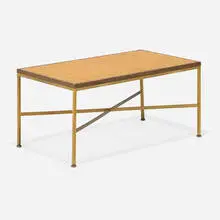 Paul McCobb, Bench, 1955, brass, cane, upholstery, walnut