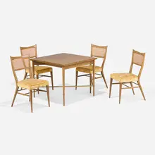 Paul McCobb, Game table and four chairs, c. 1952, mahogany, brass, cane, Jack Lenor Larsen upholstery