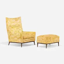 Paul McCobb, Lounge chair, model 314 and ottoman, c. 1955, Jack Lenor Larsen upholstery, teak
