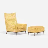 Paul McCobb, Lounge chair, model 314 and ottoman, c. 1955, Jack Lenor Larsen upholstery, teak
