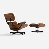 Charles and Ray Eames, 670 lounge chair and 671 ottoman, rosewood plywood, leather upholstery, enameled brushed aluminum, rubber