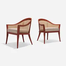Harvey Probber, Lounge chairs, pair, c. 1957, lacquered wood, upholstery, cane