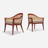 Harvey Probber, Lounge chairs, pair, c. 1957, lacquered wood, upholstery, cane