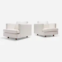 Harvey Probber, Lounge chairs, pair, c. 1955, upholstery, oak
