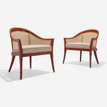 Harvey Probber, Lounge chairs, pair, c. 1957, lacquered wood, upholstery, cane