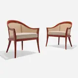 Harvey Probber, Lounge chairs, pair, c. 1957, lacquered wood, upholstery, cane