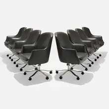 Nicos Zographos, Swivel armchairs, set of eight, leather upholstery, chrome-plated stainless steel