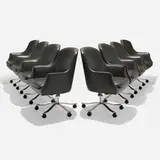 Nicos Zographos, Swivel armchairs, set of eight, leather upholstery, chrome-plated stainless steel