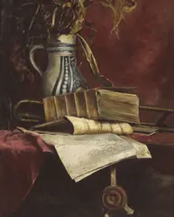 Still life with trombone and books on a table by J. Bond Francisco, oil on board, sold Nov 2010