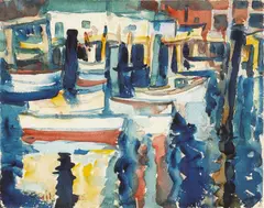 Selden Connor Gile, Piers at Oakland estuary; House over water with hills beyond (double sided), watercolor on paper