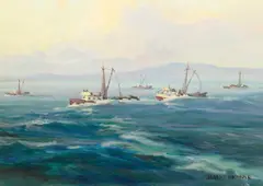 Albert DeRome, Sardine Purse Seiners going out, evening, 1949, oil on canvas board