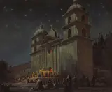 Clarkson Dye, Evening ceremony, Santa Barbara Mission, oil on canvas affixed to board