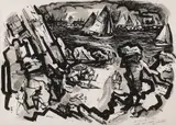 Philip Latimer Dike, Harbor scene with sunbathers in the foreground