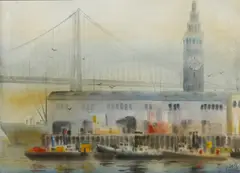 Jack Laycox, Ferry building with Bay Bridge beyond, San Francisco, watercolor on paper