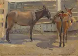 W. Herbert Dunton, Pack mules, Mexico, 1910, oil on canvas affixed to board