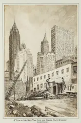 Therese Darche, Washington Square Arch, Manhattan Municiple Building, St. Patrick's Cathedral, A view of Wall Street, A view of the New York Life, and Empire State Building, pen and ink and grey wash on paper