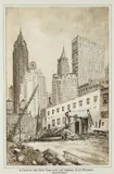 Therese Darche, Washington Square Arch, Manhattan Municiple Building, St. Patrick's Cathedral, A view of Wall Street, A view of the New York Life, and Empire State Building, pen and ink and grey wash on paper